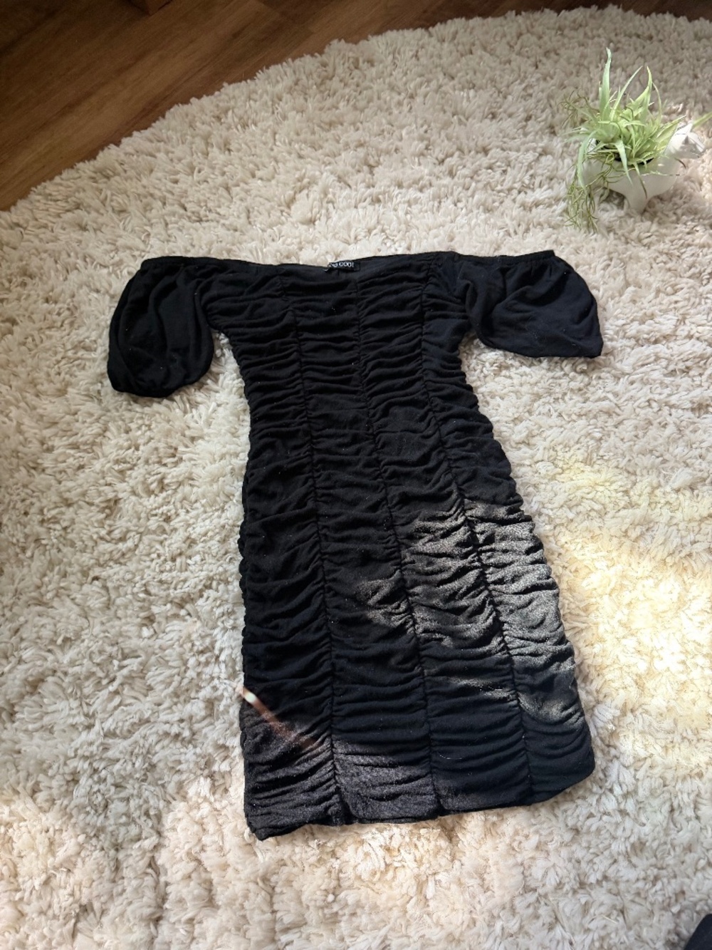 MIND CODE Ruched scrunched, puffer, unique, layered off shoulder Mini Dress in B